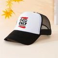 Detailansicht der atmungsaktiven Netzrückseite und des Drucks auf der Trucker-Mütze - Einheitsgröße / Schwarz Color Block