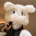 Cute white plush puppy hat with large eyes and ear protection for winter warmth - Cartoon Dog Shape / Beige