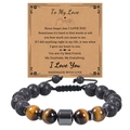 Detail of 10mm tiger eye and lava stone beaded bracelet with sentiment gift card - To My Love