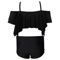 Schwarzer Mädchen-Badeanzug, zweiteilig mit Rüschen-Off-Shoulder-Top und passender Short - 104 / Schwarz Rüschen Boxershorts Bikini-Set