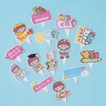 Cartoon graduation cake toppers set with motivational quotes for students and exams - Pointy Card Writing Girl Victory 5 Sets