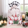 Christmas burlap gift bag with cute gnome prints and black and white plaid drawstring - Black and White Plaid / Large