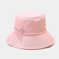 Detailed view of pink cotton bucket hat featuring a rhinestone safety pin accent - M(56-58cm) / Pink