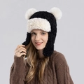 Cappello da aviatore invernale in peluche bianco e nero con pompon sulle orecchie - Nero