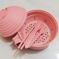 Pink wheat straw ramen bowl set with lid, colander plate and portable utensils - Drainage Style 5-Piece Set / Nordic Pink