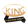 Couronne dorée KING pour homme et écharpe en satin noir Birthday King - Or strass champagne + Écharpe satin noir texte doré