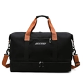 Black fitness travel bag with brown straps, independent shoe compartment and dry-wet separation - Black Thickened Style