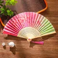 Pink cherry blossom folding fan with wooden frame and matching decorative tassel - 05 Peach Face