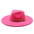 Chapeau fedora en laine fuchsia à large bord avec ceinture marron et boucle dorée élégante - M (56-58cm) / Rose rouge
