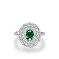 Anello vintage in argento S925 con grande gemma verde ovale e doppio alone di diamanti - Taglia US 5 / Argento 925 (Pietra Verde)