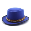 Detail of royal blue wool felt boater hat with brown braided band and black piped edge - Blue