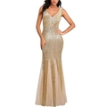Elegant gold sequin mermaid evening gown with deep V-neck and sheer tulle hemline - US size 2 / Gold