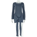 Detail of waist tie-up knot and ruched design on grey-blue mini dress - S / Black