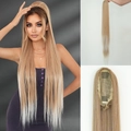 40-inch long blonde ombre ponytail extension with drawstring net and clips - Light Brown White Gradient