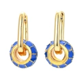 Minimalist gold and blue enamel hoop earrings with geometric mesh texture on white background - Blue