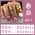 Süße rosa kurze Kunstnägel im französischen Stil mit Blumen und Glitzer, 24er-Set Nägel - 24 Stk/Box (Mit Kleber) / Rosa Weiß Blume (W873)
