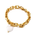 Golden stainless steel chain bracelet with a heart-shaped white shell pendant - Gold