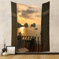 Detail of Mediterranean sunset tapestry with balcony and sea view printed on fabric - Italian Pastoral Window View (GT230317)