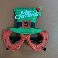 Christmas party glasses with red glitter frame and green top hat featuring Merry Christmas text - Style 5 Red Top Hat Merry Christmas