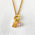 Gold stainless steel DIY necklace featuring a letter I tag and sparkling pink crystal pendant - Letter I