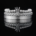 3-piece men's silver titanium steel bracelet set with crown charm and Roman numerals - Steel Color Crown with Black Zircon
