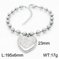 Silver stainless steel beaded bracelet with heart pendant and pave crystal details - Steel Color Heart Bead Bracelet (KB167278-Z)