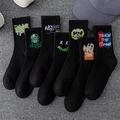 Set of seven black cotton mid-calf sports socks with colorful graffiti street prints - 7 Pairs (Styles 16, 17, 20, 21, 23, 24, 25)