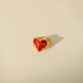 Detail view of adjustable gold open ring featuring a red heart embossed centerpiece - Red Floral Style (W319花朵)