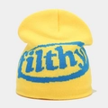 Texture de tricot détaillée du bonnet jaune avec lettrage jacquard bleu filthy - Jaune