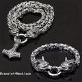 Viking Thor's Hammer Mjolnir necklace and wolf head bracelet set in stainless steel - Necklace + Bracelet / Silver