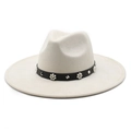 Elegant ivory wool fedora hat with black leather belt featuring pearls and silver studs - M(56-59CM) / Suede / Off White