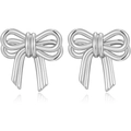 Detailed close-up showing the shiny metallic texture of silver bow knot earrings - YMX02 Bowknot / Silver