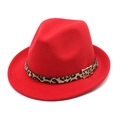 Red wool fedora hat featuring leopard print band with gold buckle on white background - M (56-58cm) / Red