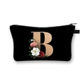 Black polyester dumpling makeup bag featuring a floral letter B print with a zipper - Letter B