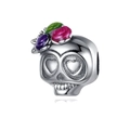 Detail of silver-plated skull charm with colorful enamel flowers and heart-shaped eyes - Enamel Flower Skull