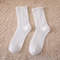 White cotton mid-tube knit socks with twist texture and lace trim ruffles - Crew Socks / White