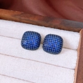 Detailed macro view of vintage square blue zircon stud earrings on wood jewelry box - Square / Silver Needle / Dark Blue