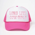Pink and white mesh trucker hat featuring Long Live Cowgirls 3D embroidery and rope detail - One Size / Rose Red