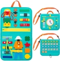 Dettaglio tavola Montessori con cerniere, fibbie e orologio didattico per bambini piccoli - Stile Ragazzo/Tema del Sistema Solare / Blu scuro