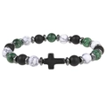 Cross pendant beaded bracelet with matte black snowflake stone and marble beads - Black White Green (B4535-B)