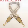 Detail of adjustable khaki houndstooth fabric strap with gold metal hooks for bags - Khaki + Khaki Leather + Gold Hook