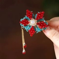 Chinese vintage style red floral hair clip with gold tassels and white pearl detail - F0212 Pomegranate Flower