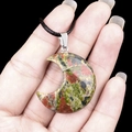 30mm moon-shaped natural red and green agate stone pendant with black woven cord - 30mm Unakite
