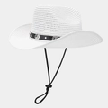 Detail of white straw cowboy hat with black leather band and adjustable chin strap - White