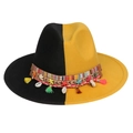 Two-tone black and yellow wool felt fedora hat with bohemian tassels and shells - Black Yellow With Shells Tassels