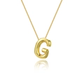 Macro view of 18K gold plated puffy letter G balloon pendant with elegant thin chain - Letter G Necklace Set