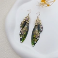 S925 silver butterfly wing drop earrings with dark green gradient and rhinestones - Vintage Green Rhinestone-Bronze