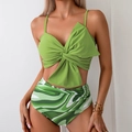 Two-piece lime green bikini set featuring a knotted bow top and high-waisted printed bottoms - S / Green