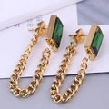 Elegant gold drop earrings featuring rectangular green gemstones and chunky chain links - Drop Stud Earrings / Gold Cuban Chain Drop Earrings