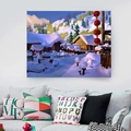 Tapiz navideño de pared con aldea nevada y farolillos para decoración del hogar - 150x130cm / Pueblo Nevado con Linternas Rojas